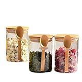 Kit 3 Potes Herméticos Com 550ml Tampa De Bambu E Colher Acoplada Para Armazenamento De Alimentos E Temperos Em Cozinha Ideal Para Café Açúcar Farinha Nescau Etc Organização De Cozinha Decorativa