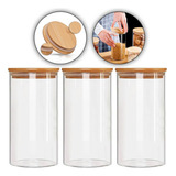 Kit 3 Potes Vidro Com Tampa Bambu Redondo Mantimentos 750ml Cor Transparente