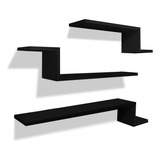 Kit 3 Prateleiras Z Decoração Sala Quarto Mdf Cor Preta Armação Preta Kelan Tzb604530x15