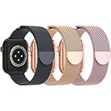 Kit 3 Pulseiras De Metal Aço Milanes Fecho Magnético Compatível Com Apple Watch 7 8 9 Ultra 38 40 41mm Preto Dourado Rosê 