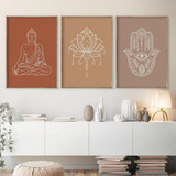 Kit 3 Quadros Decorativo Mandala Buda Cores Neutras Boho
