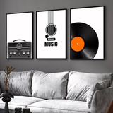 Kit 3 Quadros Decorativos Disco Vinil Rádio Violão Moldura