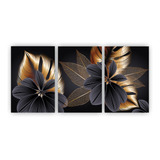 Kit 3 Quadros Decorativos Floral Moderno Preto Dourado Sala