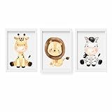 Kit 3 Quadros Decorativos Infantil Com Moldura Safari - Leão- Girafa E Zebra - 20 X 30cm - Decoração Quarto Bebê -Branca-