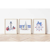 Kit 3 Quadros Decorativos Veleiro Ancora E Leme