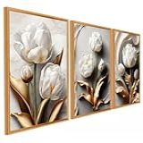 Kit 3 Quadros Flores Flor Tulipas Branca Dourada Ouro Amor