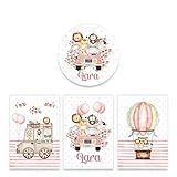 Kit 3 Quadros Porta Maternidade Menina Bebê Safari Rosa Nome Personalizado