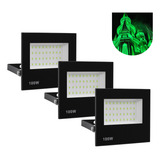 Kit 3 Refletor Led 100w Holofote Bivolt Prova Dágua Verde Carcaça Preto 110v 220v Bivolt
