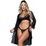 Kit 3 Robe Sexy Renda Roupão Hobby Tule Curto Luxo Manga 3 4