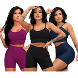 Kit 3 Roupa De Academia Conjunto Fitness Top E Short Treino