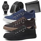 KIT 3 Sapatênis Masculino Ultra Conforto Relógio Cinto Carteira Preto Café Azul 43