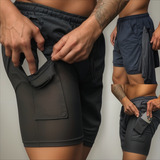 Kit 3 Short Duplo 2 Em 1 Esportivo Com Bolso Academia Treino