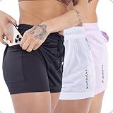 Kit 3 Shorts 2 Em 1 Duplo Feminino Fitness Com Bolso Oculto Para Celular Para Academia Caminhada Treino Preto Branco Rosa GG