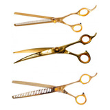 Kit 3 Tesouras De Tosa 8 Polegadas Reta Curva Semi Dentada