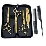 Kit 3 Tesouras Profissional 6 0 Fio Navalha Fio Laser Desfiadeira Navalhete Pentes E Estojo Barbeiro Cabelereiro Corte De Cabelo Aço Inox Original Dourado 