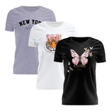 Kit 3 Tshirt Blusa Estampadas Feminina Manga Curta Camiseta