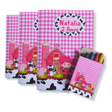 Kit 30 Revistinha Colorir Com Giz De Cera Fazendinha Rosa