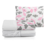 Kit 3pçs Lençol Mini Cama Para Bebê Nuvem Rosa Moderno