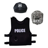 Kit 3pçs Policial Quepe Colete Distintivo Infantil Fantasia