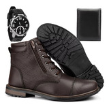 Kit 3x1 Bota Coturno Masculino Ziper Casual Carteira Relógio