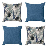 Kit 4 Almofadas Cheias 50x50 Sofá Cama Premium Folhas Azul Desenho Do Tecido Florido