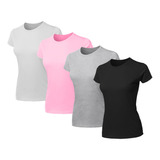 Kit 4 Blusas Feminina Camiseta Lisa Básica Algodão Baby Look