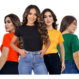 Kit 4 Blusas Femininas Tshirts 100% Algodão Baby Look