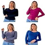 Kit 4 Blusas Gola V Manga Longa Feminina GG Preto Branco Preto Branco 