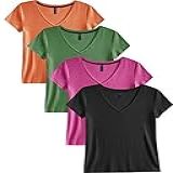 Kit 4 Blusinhas Feminina Slim Babylook Algodão Gola V M 1 Preto 1 Pink 1 Oliva 1 Berg 