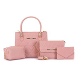 Kit 4 Bolsa Feminina Transversal Carteira E Necessaire Acambamento Dos Ferragens Ouro Cor Rosa Correia De Ombro Rosa Desenho Do Tecido Bordado