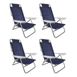 Kit 4 Cadeira Praia Reclinavel 8 Posições Alumínio Azul