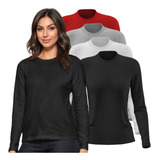 Kit 4 Camisa Manga Longa Feminina T shirt 100 Algodão