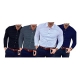 Kit 4 Camisa Social Masculina Manga Longa Slim Fit Microleve