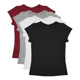 Kit 4 Camisetas Blusas Femininas Babylook Slim Gola V Básica