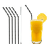 Kit 4 Canudos Aço Inox Curvo 1 Escova Limpeza Reutilizável Cor Cinza