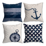 Kit 4 Capas De Almofada Veludo Nautica Azul Estrela Concha