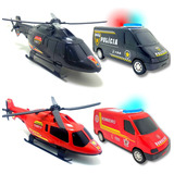 Kit 4 Carrinhos Brinquedo Policia Bombeiro Helicóptero Van