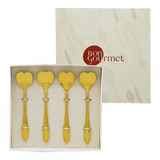 Kit 4 Colheres Coração Dourado Aço Inox P Chá Café 28299