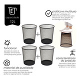 Kit 4 Lixeira Metal Premium Aramado Cesto Lixo Escritório 8l Preto Rishon R109