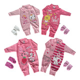 Kit 4 Macacão Bebê Algodão Suedine Menina Com 4 Pares Meias