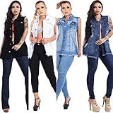 Kit 4 Max Colete Feminino Jeans 100 Algodão Destroyed Longo Plus Size Super Lindo G3 Azul Escuro Preto Branco Azul Claro 