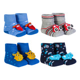 Kit 4 Meia Pantufa Pelúcia Bebê Rn Menino Sapatinho 3d