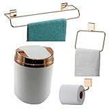 Kit 4 Peças Banheiro Lixeira Papeleira Toalheiro Duplo Argola Cobre Rose Gold Future Branco