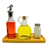 Kit 4 Peças Galheteiro Vidro Bambu Porta Azeite Vinagre Sal