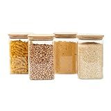 Kit 4 Potes De Vidro 1 1L Tampa De Bambu Herméticos Quadrado T D