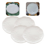 Kit 4 Pratos Rasos De Porcelana Branca Luxo Detalhe Florido