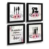 Kit 4 Quadrinhos Para Cozinha Decoração Frase Moldura 20x20