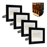 Kit 4 Refletor Led 50w Holofote Bivolt Prova Dágua Quente Carcaça Preto Luz Branco quente 110v 220v