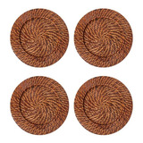 Kit 4 Sousplat Redondo Rattan E Bambu Marrom Rústico 32cm