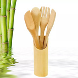 Kit 4 Talheres De Bambu Com Suporte Para Cozinha Básico